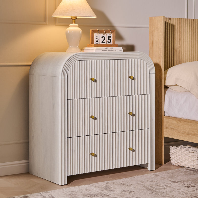 Fluted Panel 3-Drawer Dresser Bedroom Storage Organizer With Metal Handles, White
