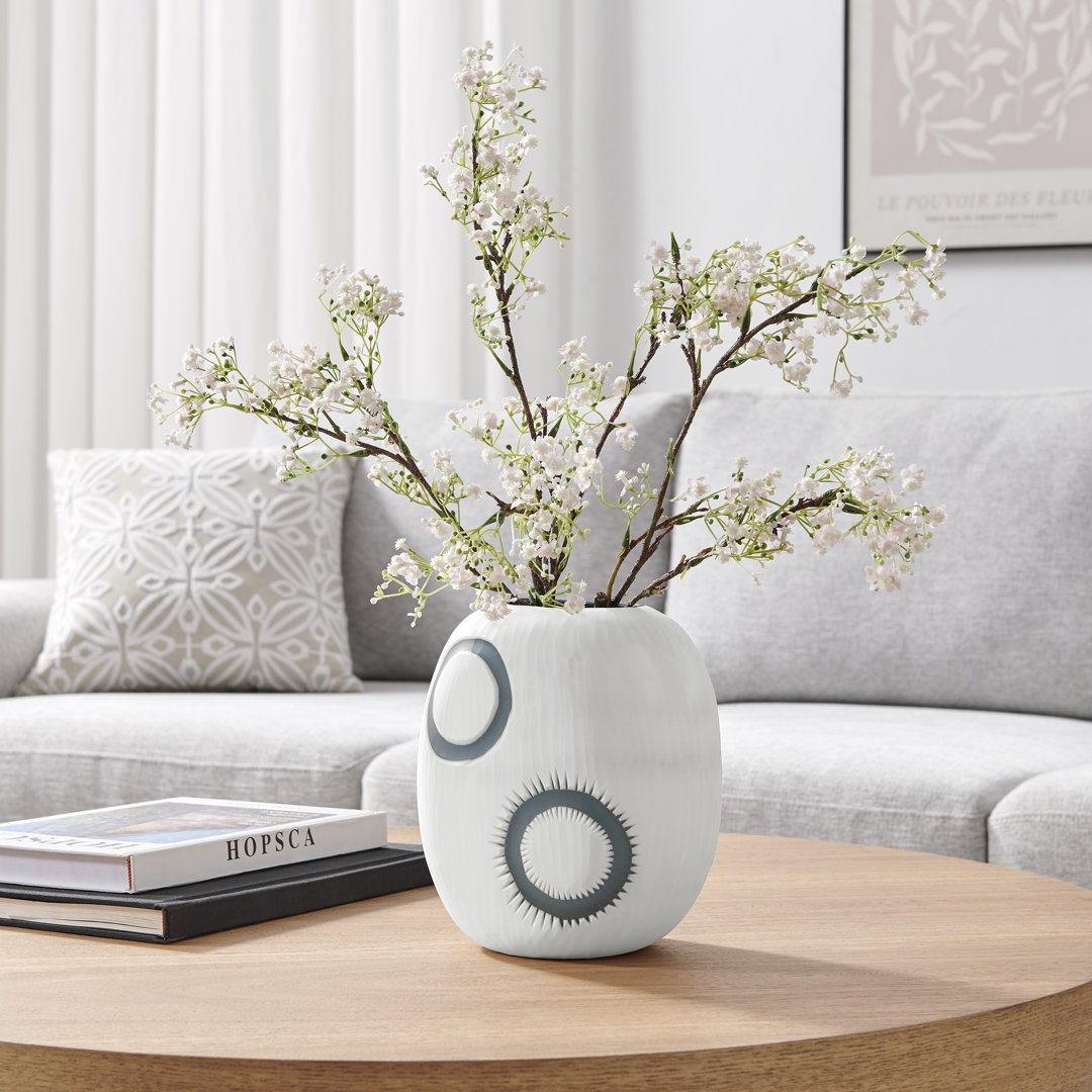 Maudeline Contemporary Matte White And Navy Oval Opening Glass Tabletop Vase - Round Small Wrought Studio™