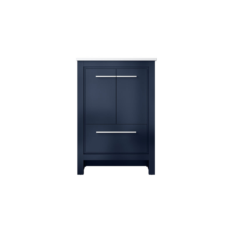 Meuble-lavabo bleu l 24 po x P 20 po avec comptoir en marbre de culture. Fabrication en bois massif, fermeture en douceur. Surface rayée et tachée. Vaste armoire de rangement, tiroirs, tablette ouverte. Préparé pour une personne