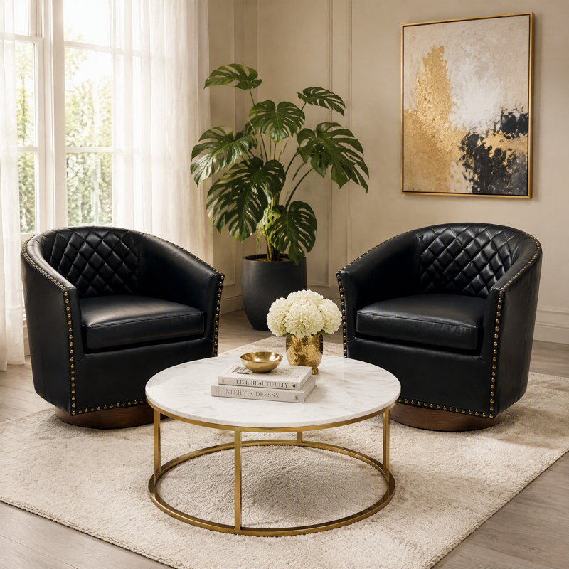 Fauteuil d'appoint moderne pivotant en cuir avec garniture cloutée capitonnée, Black