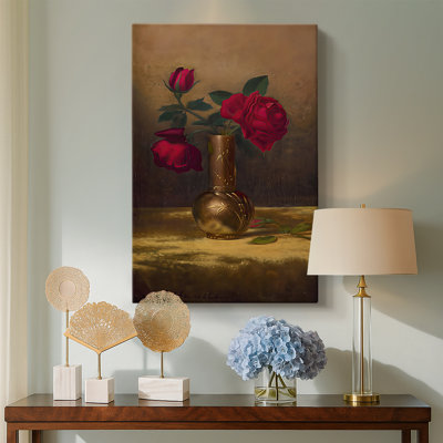 Red Roses in a Japanese Vase on a Gold Velvet Cloth -Gallery Wrapped Canvas by Martin Johnson Heade