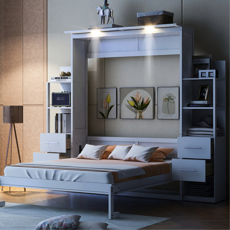 Grand lit avec tablettes, tiroirs et lumières à DEL - espace mural pour le bureau personnel, la chambre d'amis, la salle de sport et les tablettes de rangement blanches convenant aux matelas permettant d'économiser de l'espace