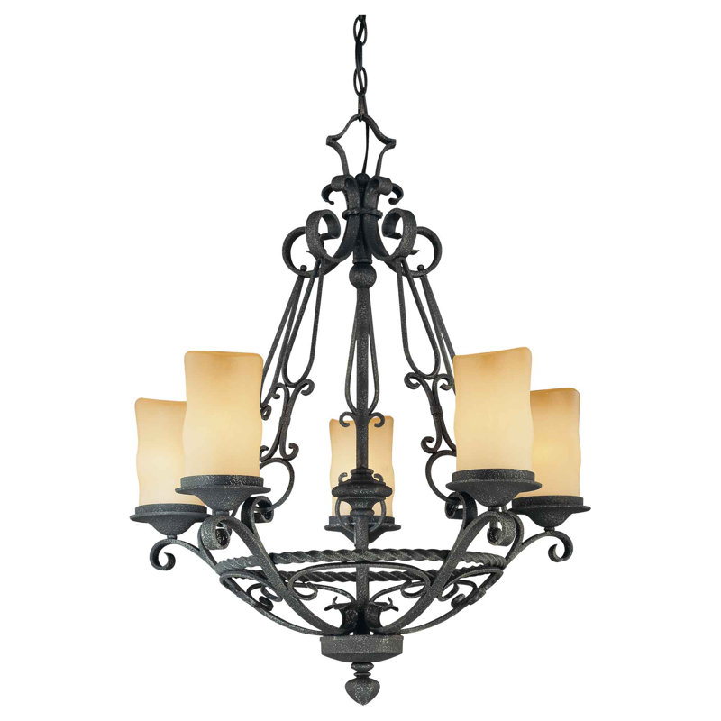 Sayles 5-Light Indoor Antique Hand-Forged Wrought Iron Hanging Chandelier with Candle-Shaped Sandstone Glass Shades