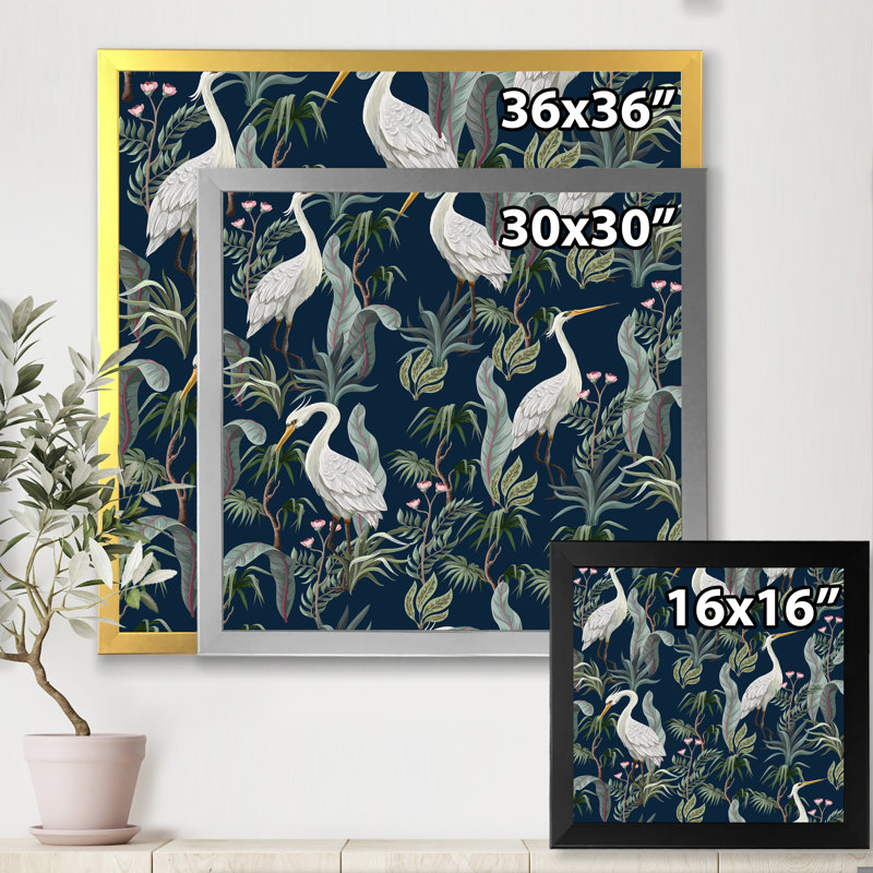 Chinoiserie avec oiseaux et pivoines VII - peinture sur toile, H 16 po x l 16 po x P 1 po, Cadre photo argenté