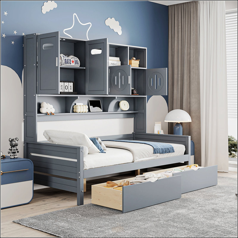 Lit de jour simple en bois avec 2 tiroirs, Gris, Lit simple