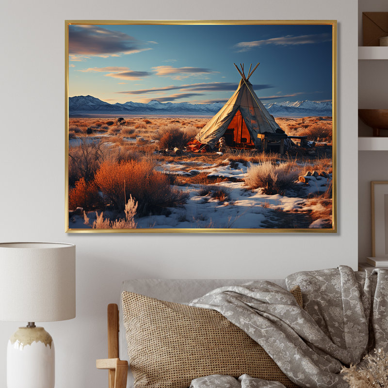 Tribal tipi paysage sur toile, H 24 po x l 32 po x P 1 po, Cadre flottant doré