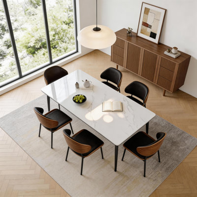 Rectangular Sintered Stone Table in Gloss White, Carbon Steel Frame with Four-Leg Support