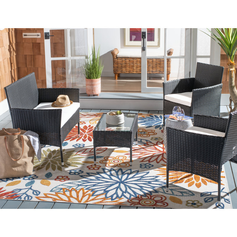 Wood Wicker 4 - Person Patio Conversation Set with Cushions, Black Frame/White Cushion