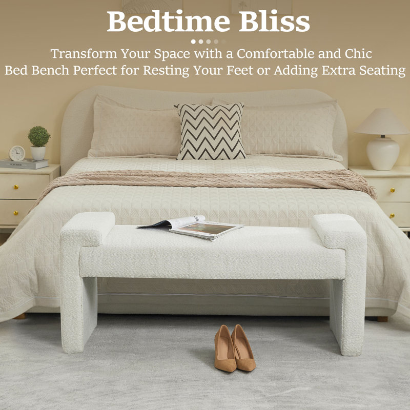 43.3" W Upholstered Bedroom Bench, White Sherpa, 19.6" H x 43.3" W x 17.3" D