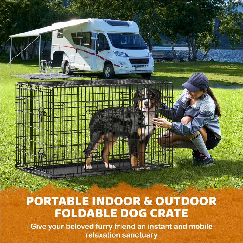 Foldable Metal Wire Dog Cage with Divider, 31.5" H x 48" W x 29" D