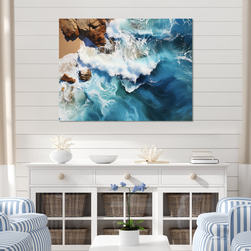 Skyblue vue aérienne des vagues côtières IV - plage, art mural, Cadre flottant blanc, H 12 po x l 20 po x P 1 po