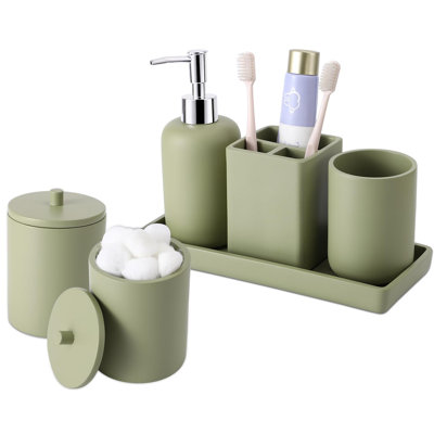 Ensemble de salle de bain en résine 6 pièces avec porte-brosse à dents, distributeur de savon à lotion, 2 distributeurs de support, plateau de coiffeuse, gobelet de salle de bain - Organisateur de meuble-lavabo de comptoir - Ensemble d'accessoires de 