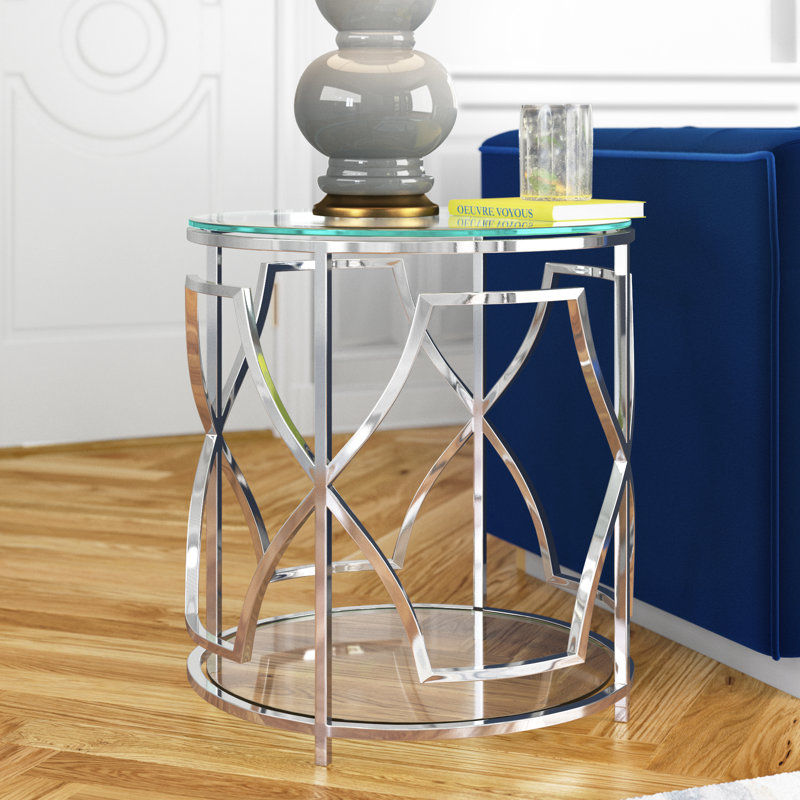Table de bout ronde en verre avec rangement Pangea Home Benson Edward - Table d'appoint ronde moderne - Plateau en verre trempé avec base en acier argenté pour le salon ou la chambre à coucher - Table de bout / d'appoint en acier