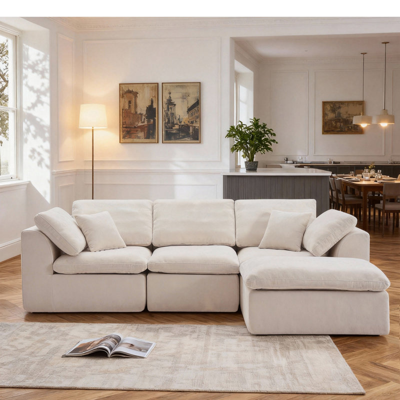 Canapé modulaire modulaire avec méridienne surdimensionnée et tissu moelleux de qualité supérieure, Chenille beige