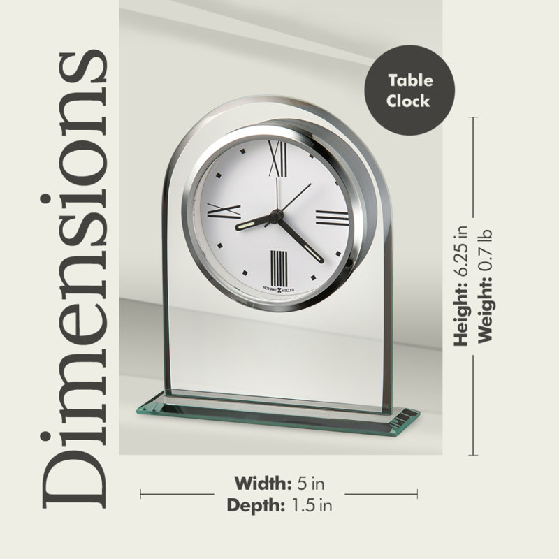 Regent Modern & Contemporary Tabletop Clock, Beveled Glass Arch on Glass Base, Roman Numeral Dial, Quartz Alarm Movement