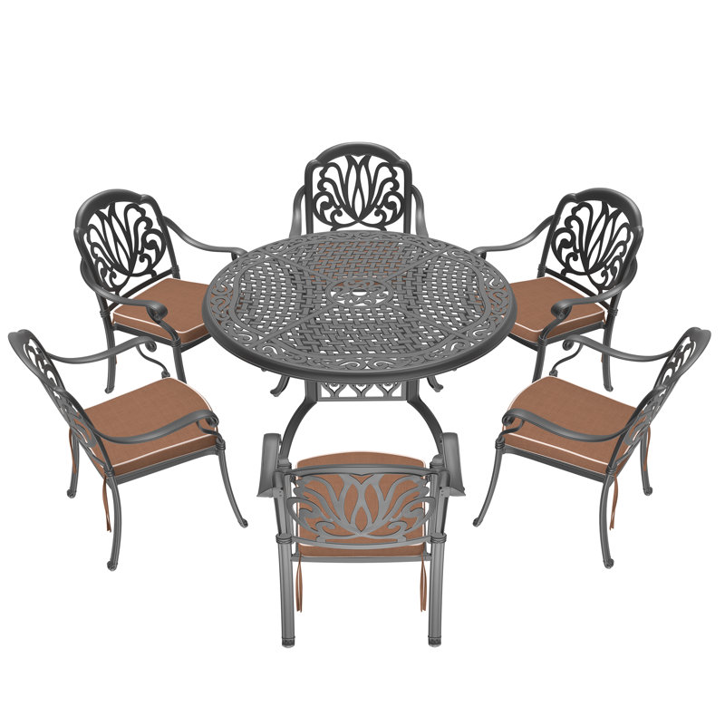 7-Piece Set Of Cast Aluminum Patio Furniture With Black Frame And Brown Seat Cushions, 6