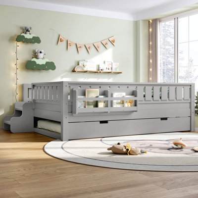 Full Size Kids Loft Bed with Built-In Bookshelves, Small Staircase, Safety Rails & Trundle,Gray