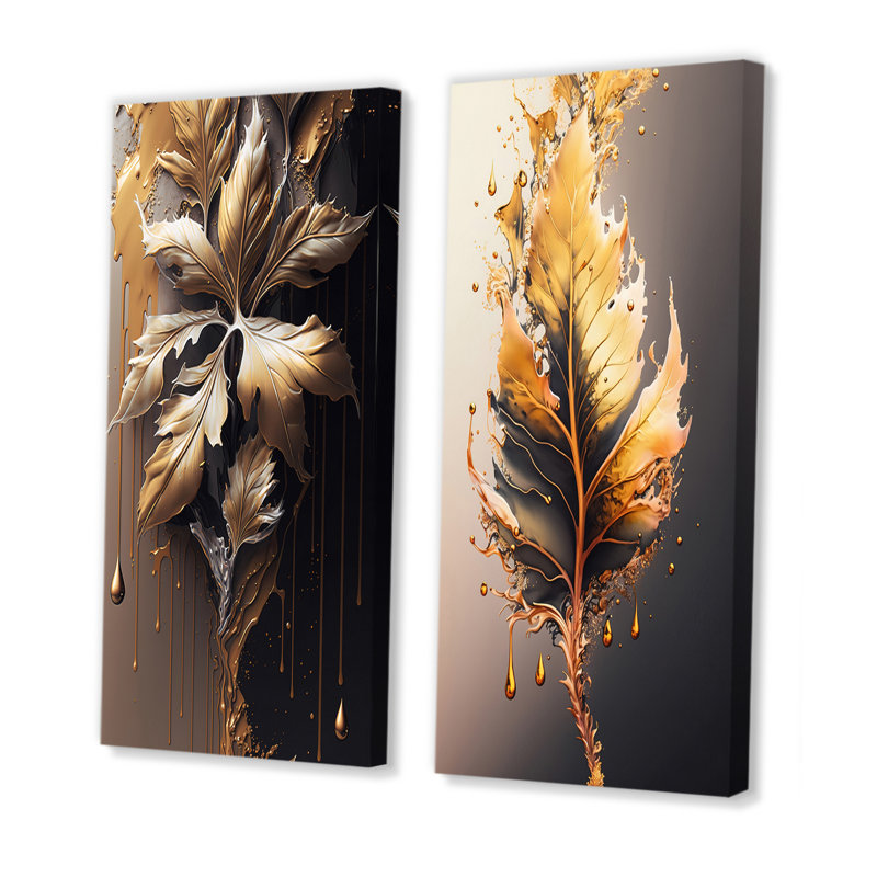«Gold Abstract Leaves», 2 pièces sur toile, H 32 po x l 32 po, Toile tendue