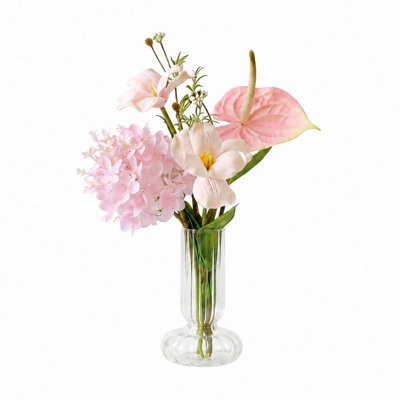 9.4in Realistic Artificial Hydrangea Anthurium Floral Arrangement in Clear Striped Glass Vase for Table Home Decor