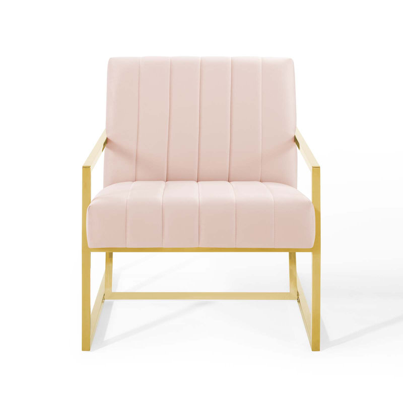 Elegant Geometric Pink Velvet Accent Chair with Gold Metal Frame