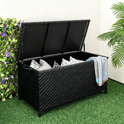 Tightly-Woven Rattan Deck Box, Storage Container with Polyester Liner, Wheels and Gas Strut, 85-Gallon, 1-Unit, (Black)