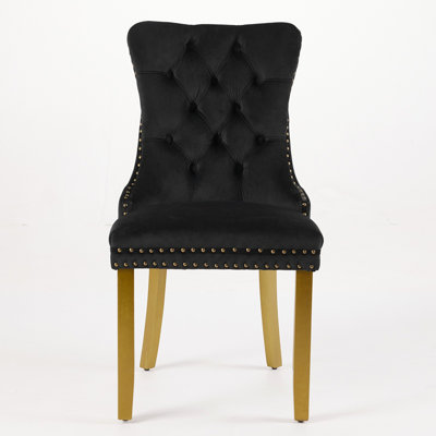 Mid-Century Modern Chairs with Lion Head Pull Ring,High-end Tufted Solid Wood Contemporary Velvet Upholstered Dining Chair with Golden Wooden Legs Nailhead Trim 2-Pcs Set,Black