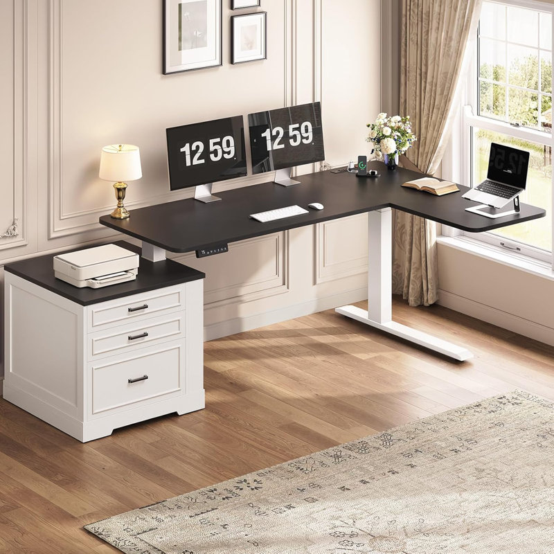 Farmhouse L Shaped Electric Standing Desk, Black, White