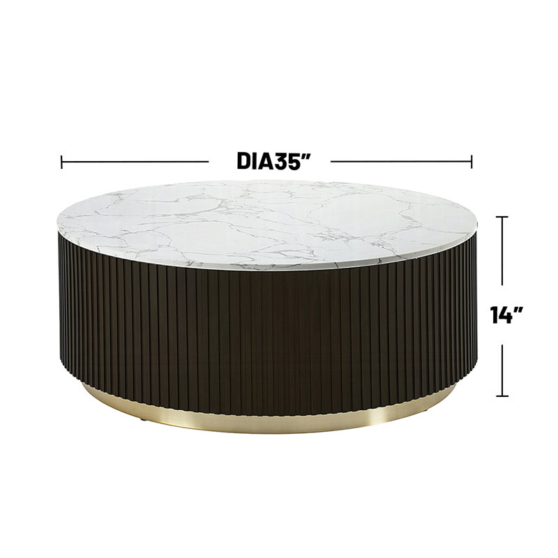 Table basse ronde avec plateau en faux marbre blanc et espresso