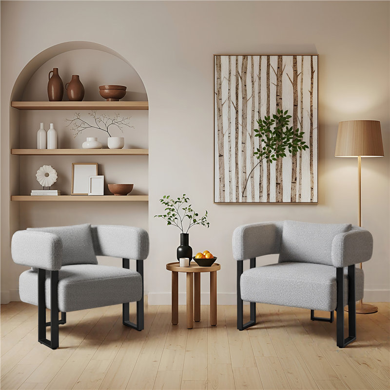 70.5cm Wide Upholstered Barrel Chair, Boucle Accent Chair with  Lumbar Pillow, Grey