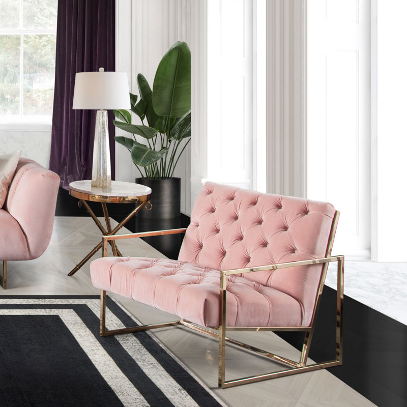 Fauteuil d'appoint de luxe en velours capitonné rose avec structure en acier inoxydable doré poli, Blush Pink, Or