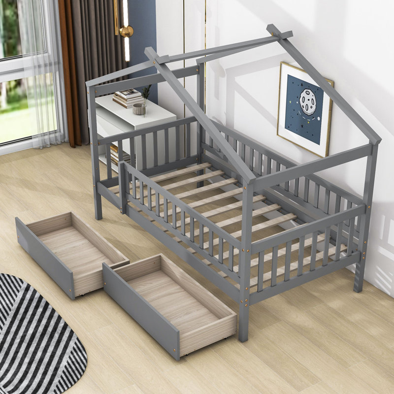 Lit en bois en forme de maison, gris, Simple