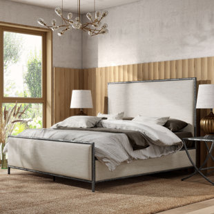 Lit à panneau tapissier en métal beige moderne Lalia