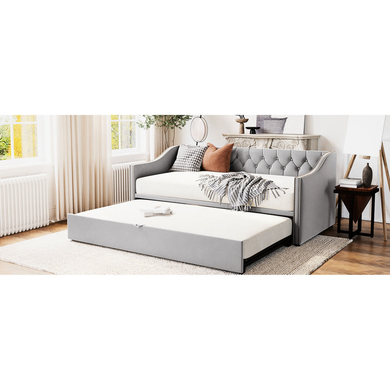 Lit de jour rembourré avec lit gigogne gris - Convient à différents espaces de vie, sans sommier simple dépendant des espaces
