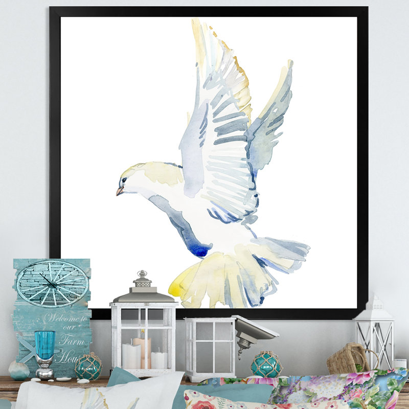 Colombe blanche en vol, Impression noire sur toile encadrée, H 16 po x l 16 po x P 1 po