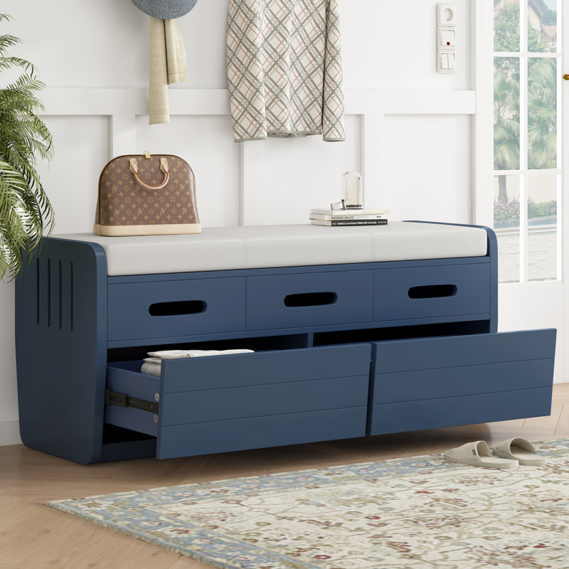 Banc de rangement rustique avec 2 tiroirs, espace de rangement caché et 3 faux tiroirs en haut, banc à chaussures, Marine