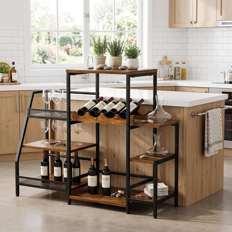 Armoire de bar autoportante à 4 niveaux, support à vin en fer et bois avec garde-corps de protection, tablette de grande capacité pour les bouteilles et les boissons, organisateur de bar pour la maison, brun