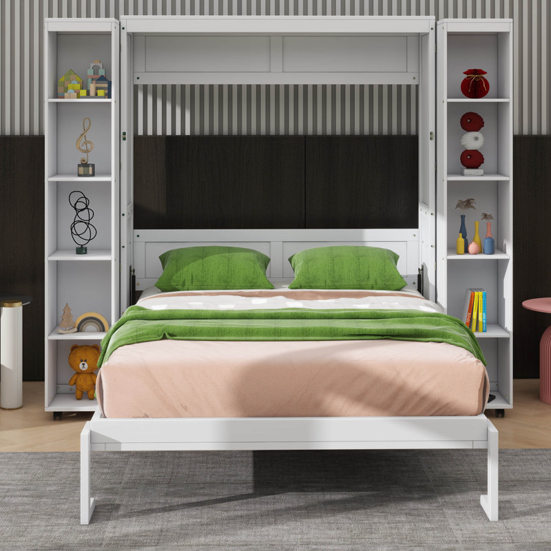 Grand lit escamotable mural avec portes de compartiment de rangement, Blanc
