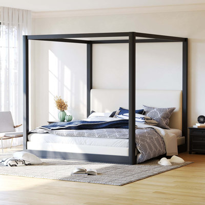Lit plateforme à baldaquin contemporain avec tête de lit rembourrée moelleuse