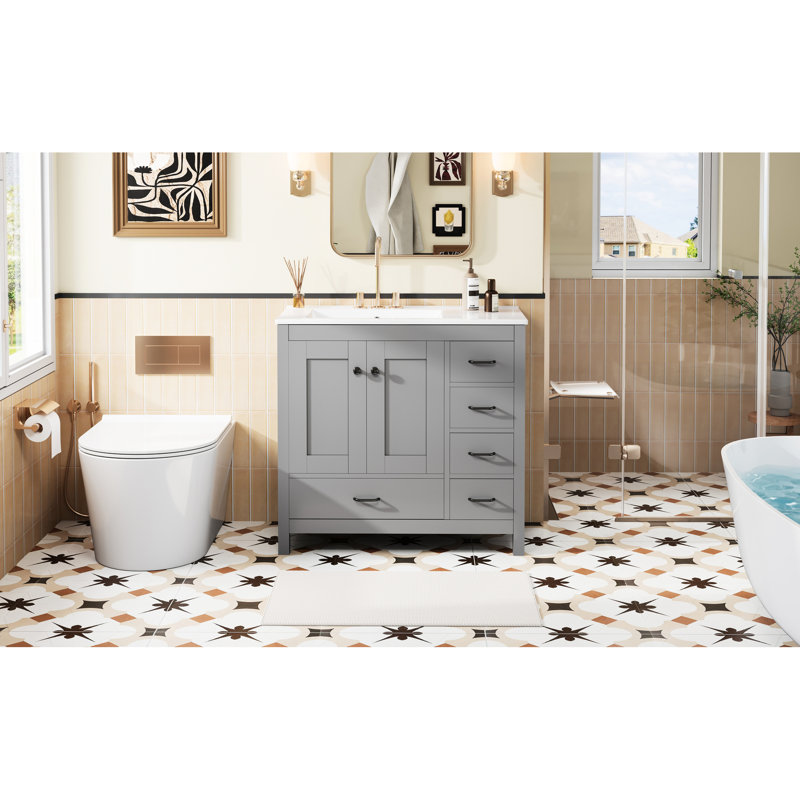 Meuble-lavabo gris 36 po avec lavabo en céramique Vanderford, 2 portes d'armoire à fermeture en douceur, 5 tiroirs, salle de bain de 36 po Easy Surface avec fonctionnalité, style intemporel