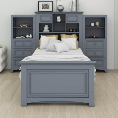 Lit plateforme simple avec tablettes de rangement et 8 tiroirs, cadre de lit en bois avec armoire verticale tout-en-un