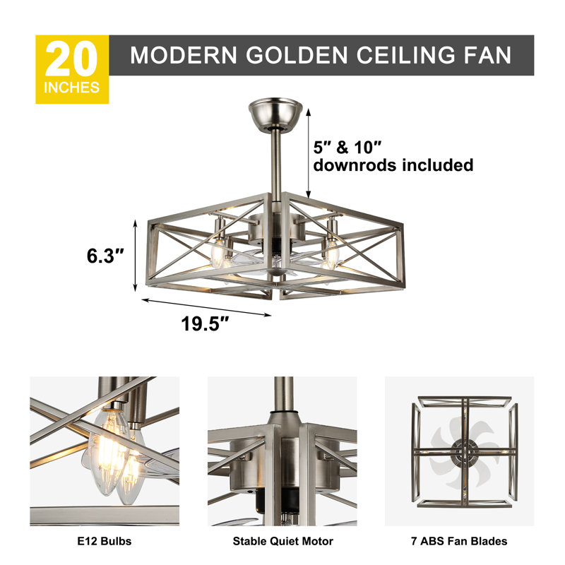 Ventilateur de plafond 20 po en nickel brossé à 4 lumières avec lumière et télécommande, ventilateur industriel en forme de cube pour chambre à coucher, salon
