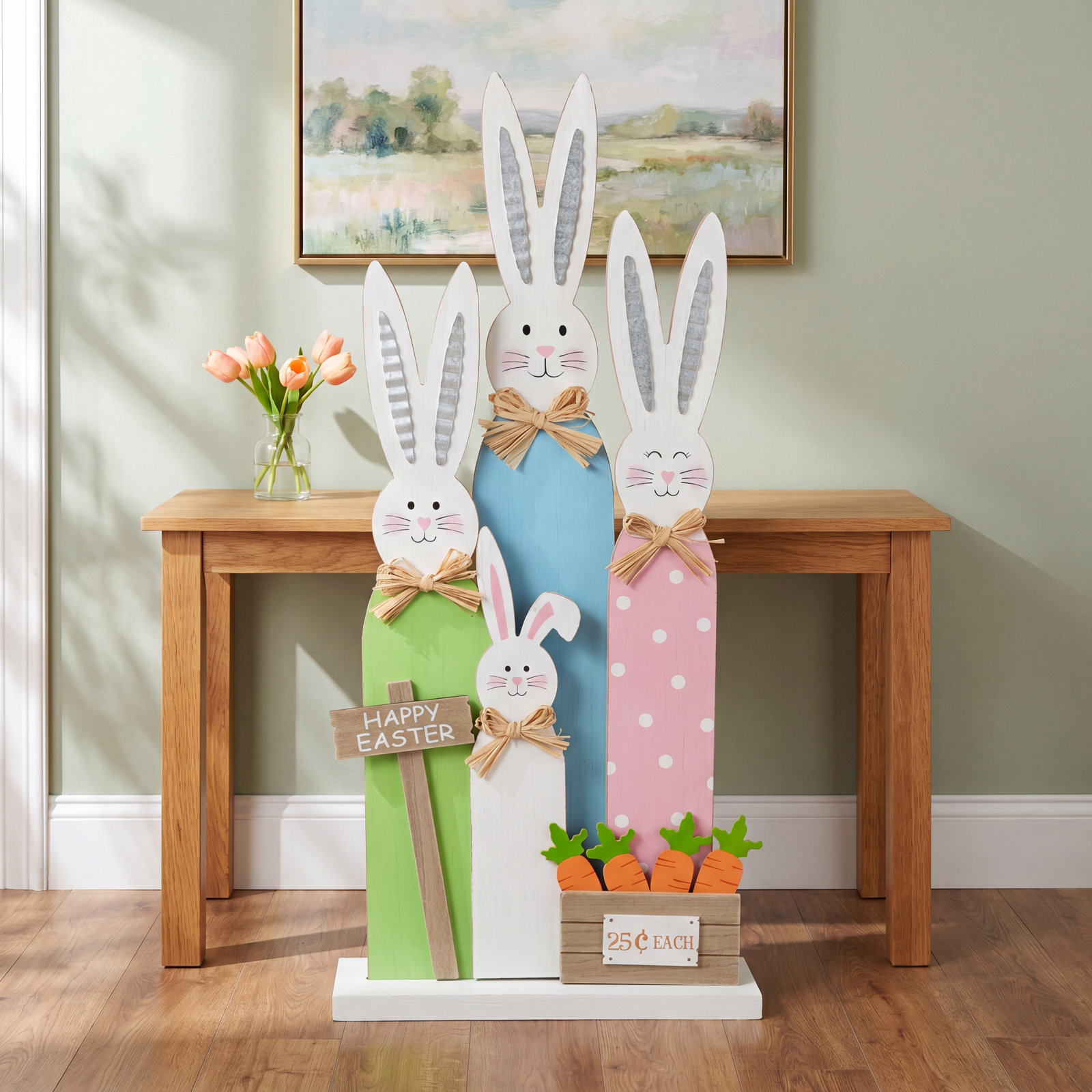 2-Piece 29.75" H Wood and Iron Bunny Family Standing Sign