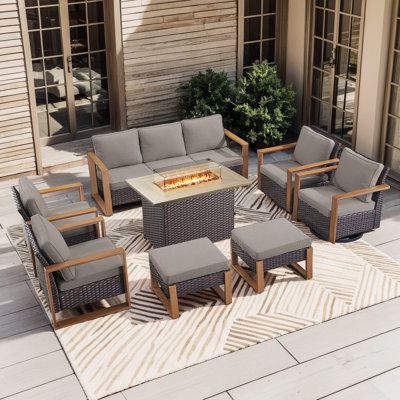 Ensemble de conversation d'extérieur 8 pièces avec fauteuils pivotants et table de foyer Aldiana