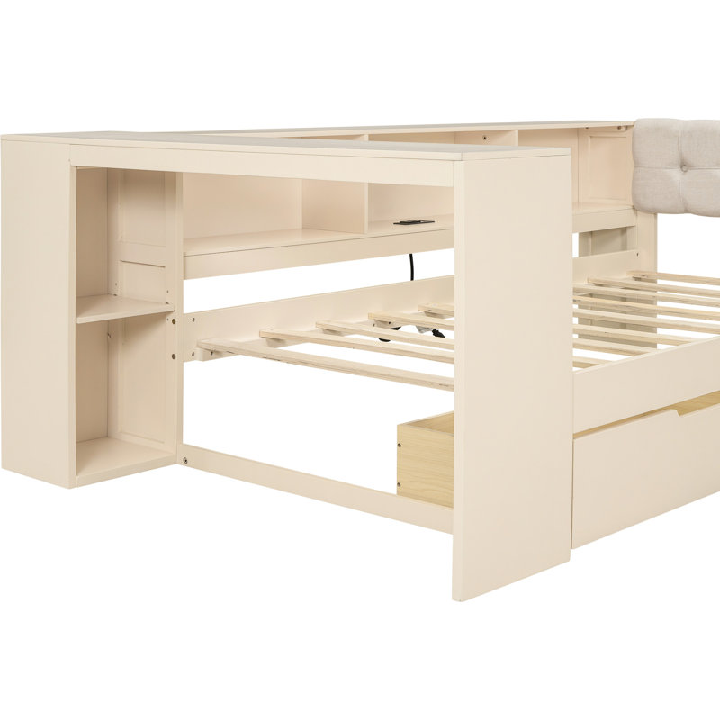 Lit plateforme avec rangement, tête de lit tapissier, charge et tiroirs en bois crème, tête de lit avec rangement, Lit simple