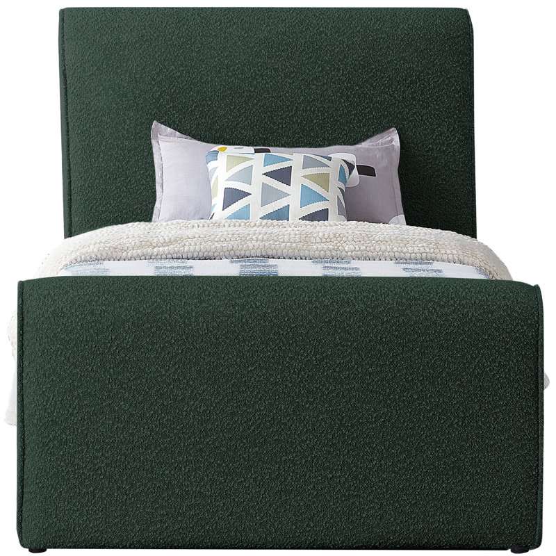 Lit plateforme tapissier Chaylin, Tissu bouclé vert, Double