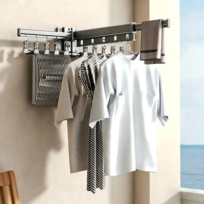 Retractable Wall Mounted Clothes Drying Rack,Laundry Drying Rack,Clothes Rack With Windproof Holes And Clips Gray