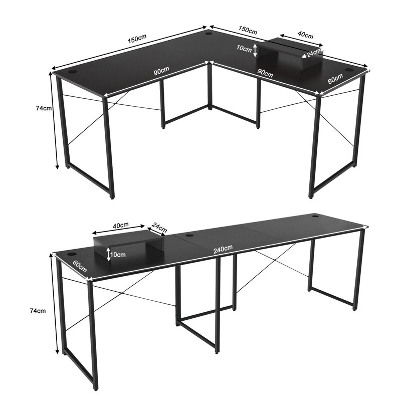 Aatto L-Shaped Steel Computer Desk, Black
