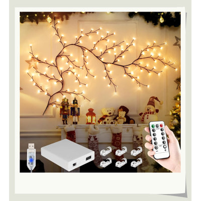 1 lot de vignes de saule enchantées 7,55 pi, 144 lumières à DEL pliantes brun chaud avec télécommande, 8 modes de minuterie à intensité variable alimentés par pile USB / AA, guirlandes extérieures pour la décoration murale des fêtes