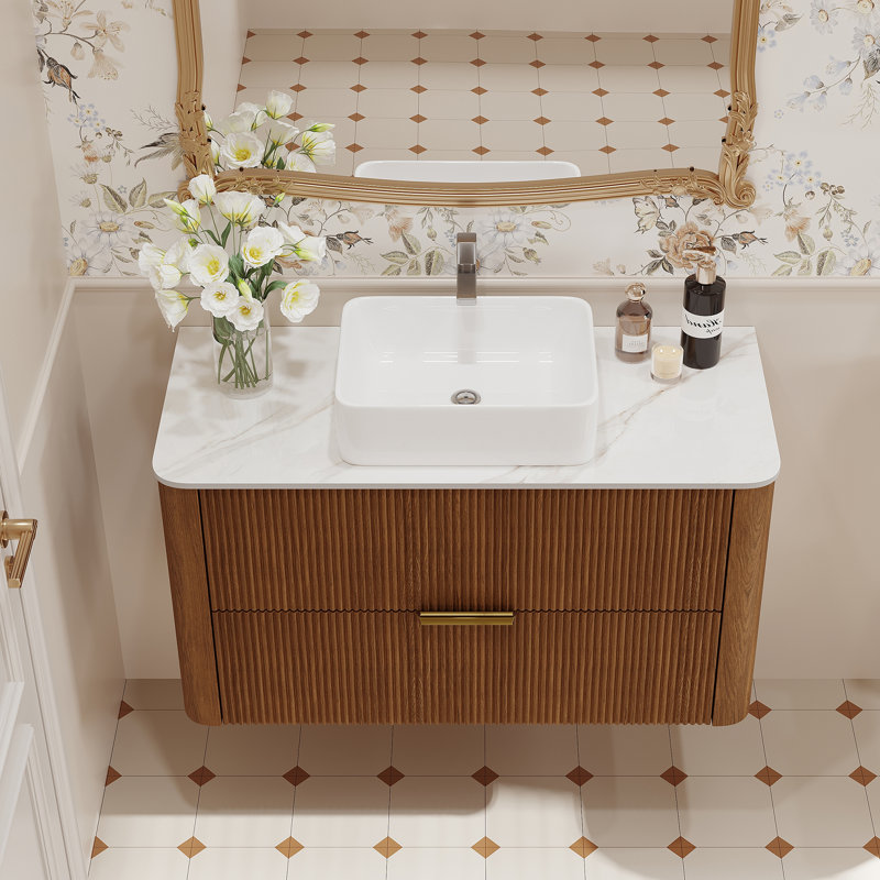 Meuble-lavabo de luxe moderne en pierre frittée 36 po 36 po, lavabo mural avec deux tiroirs et poignée dorée, lavabo doré