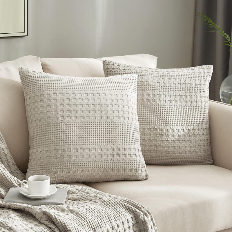 Taies d'oreiller tissées gaufrées 100% coton, ensemble de 2 taies décoratives respirantes douces, Grand lit, gris